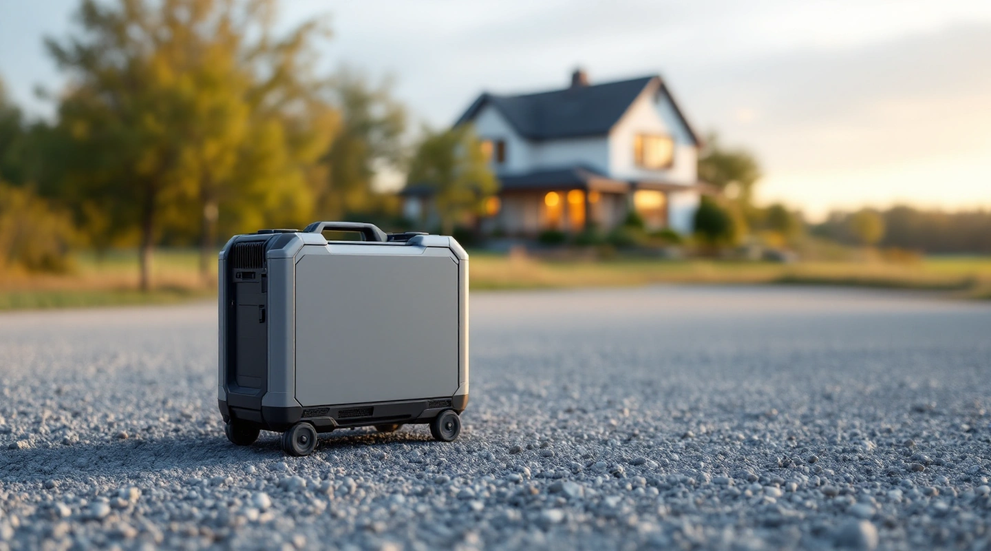 Gray wheeled backup generator on gravel, with a house in the distance